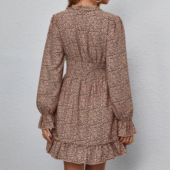 Boho Camel Dalmatian Dot V neck Ruffle Sleeve Mini Dress - Picture 3 of 4